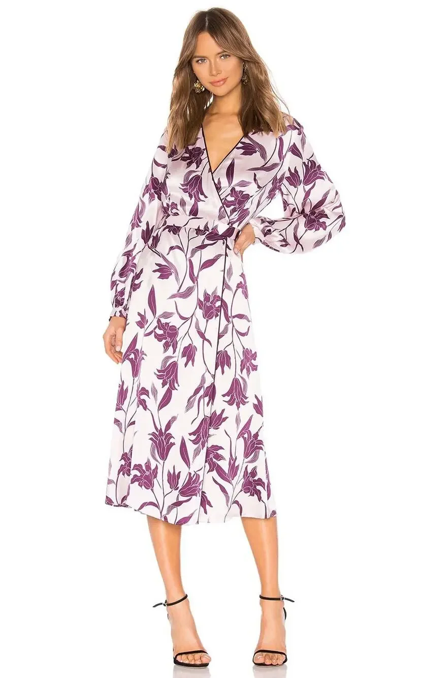 NWOT Equipment Silk Andrese Wrap Long-sleeve Printed Midi Dress Sz 6 Plum 9C606 - Picture 1 of 8